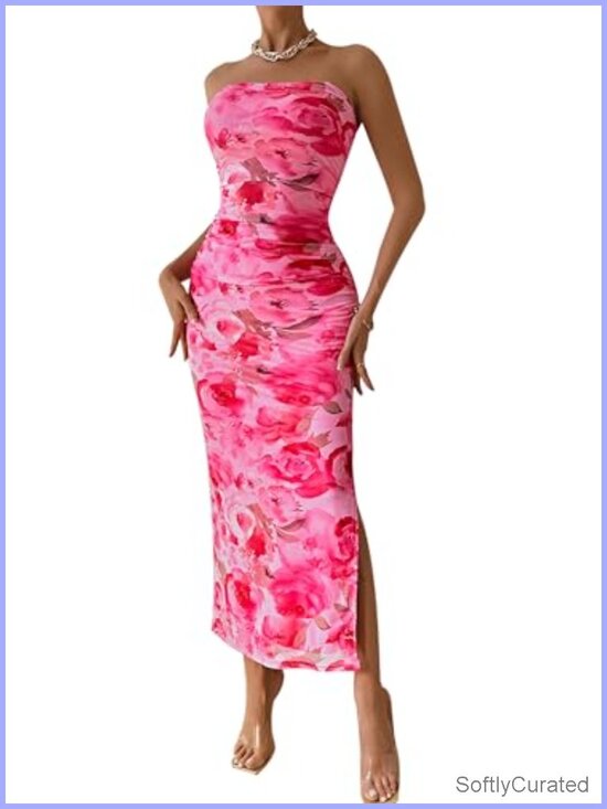 Dresses & Skirts - Strapless Bodycon Floral Maxi Dress with Slit, Ruched, Stretchy